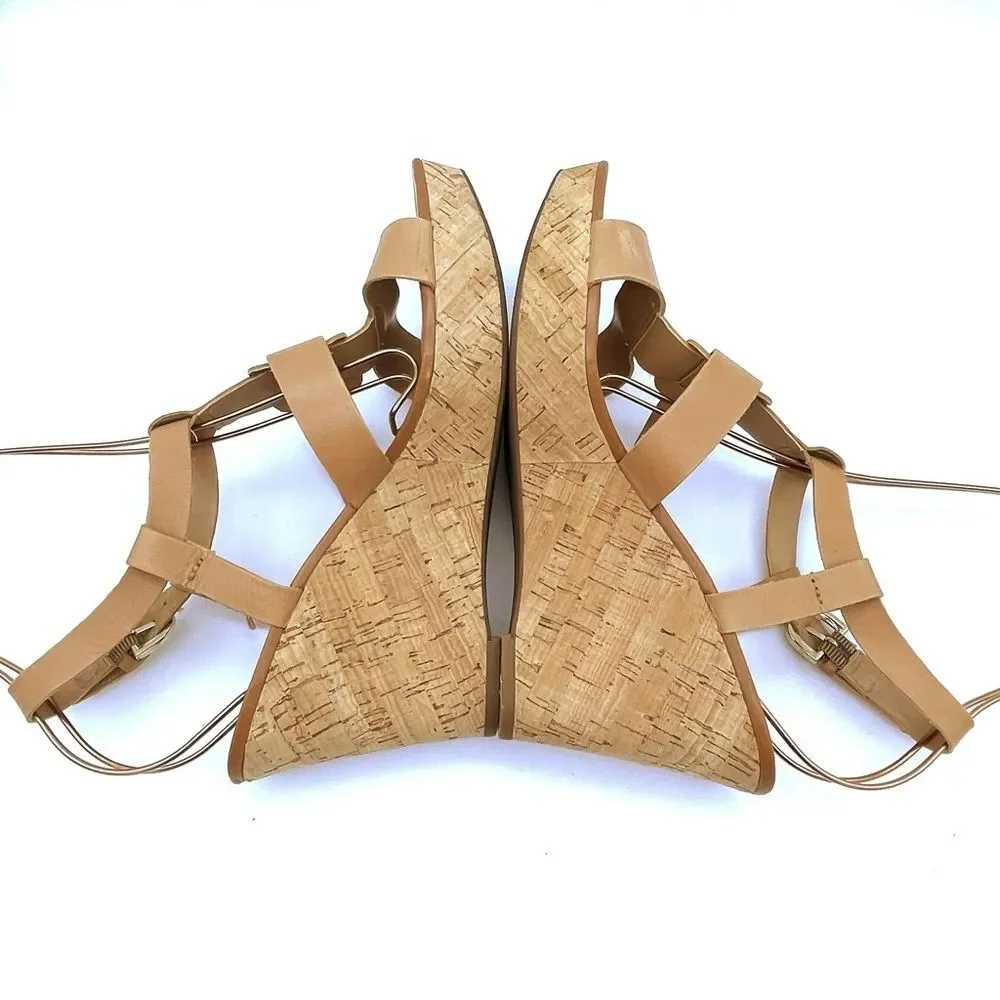 Franco Sarto Cera Tan Leather Strappy Cork Wedge Sandal Shoes Women’s Size 10